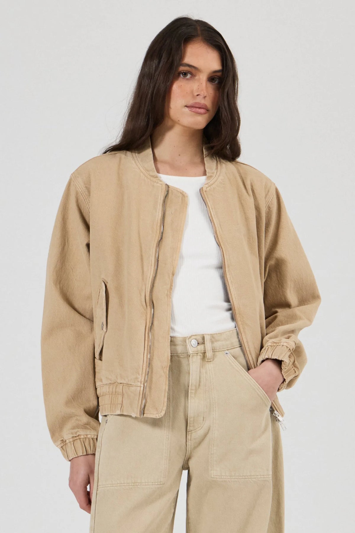 Rolla’s Dune Bomber Jacket in Dune, open front view on model.
