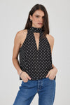 Rolla’s Edie Halter Top in Polka Dot, front view on model.
