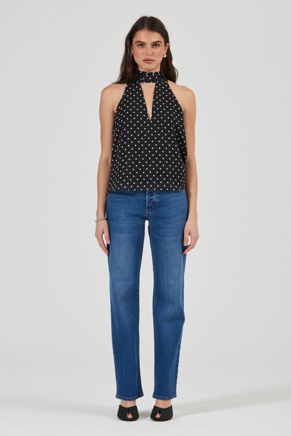 Rolla’s Edie Halter Top in Polka Dot, full-length front view on model.
