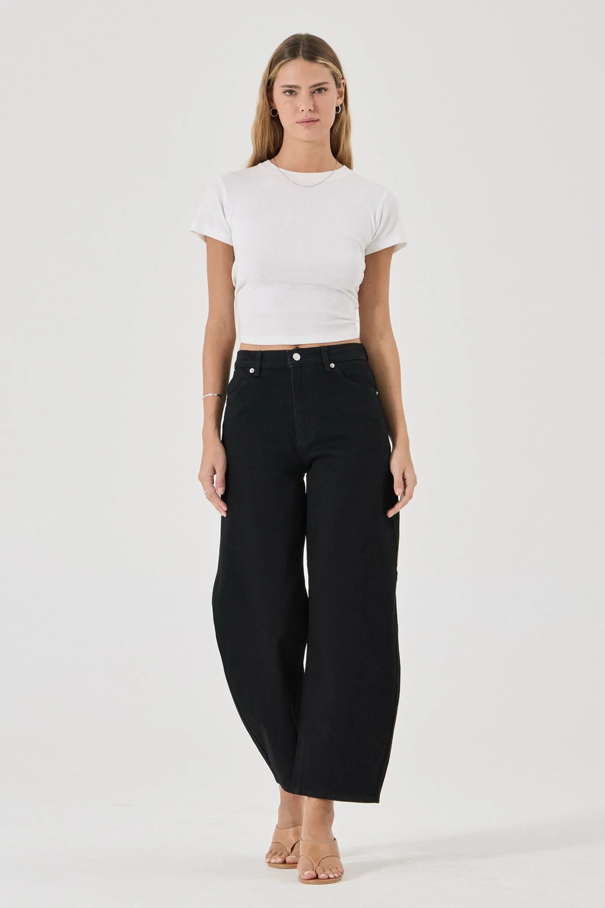 Rollas Gigi Barrel Forever in Black — the Gigi Barrel Forever Black jean by Rolla's features a relaxed barrel leg with a subtle taper for a flattering, modern fit.