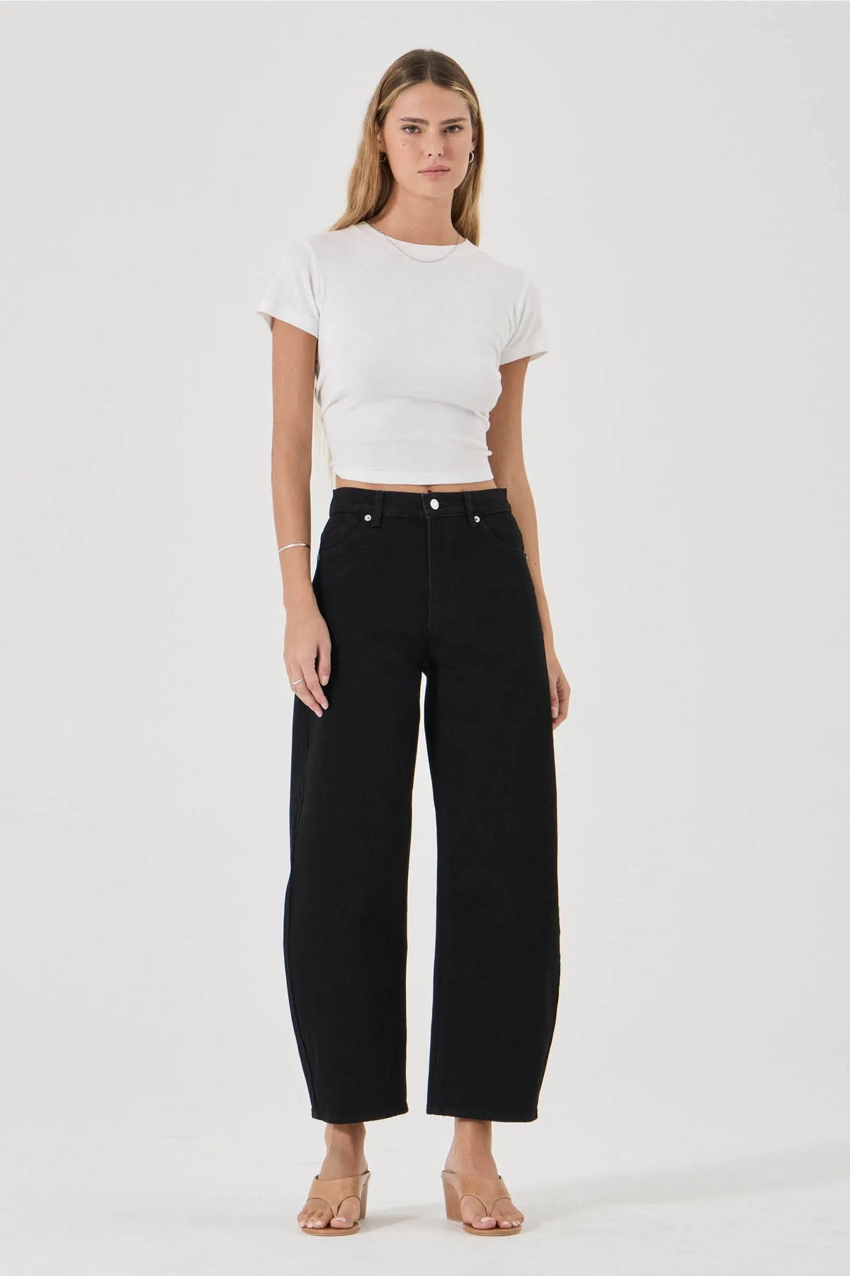Rollas Gigi Barrel Forever in Black — the Gigi Barrel Forever Black jean by Rolla's features a relaxed barrel leg with a subtle taper for a flattering, modern fit.