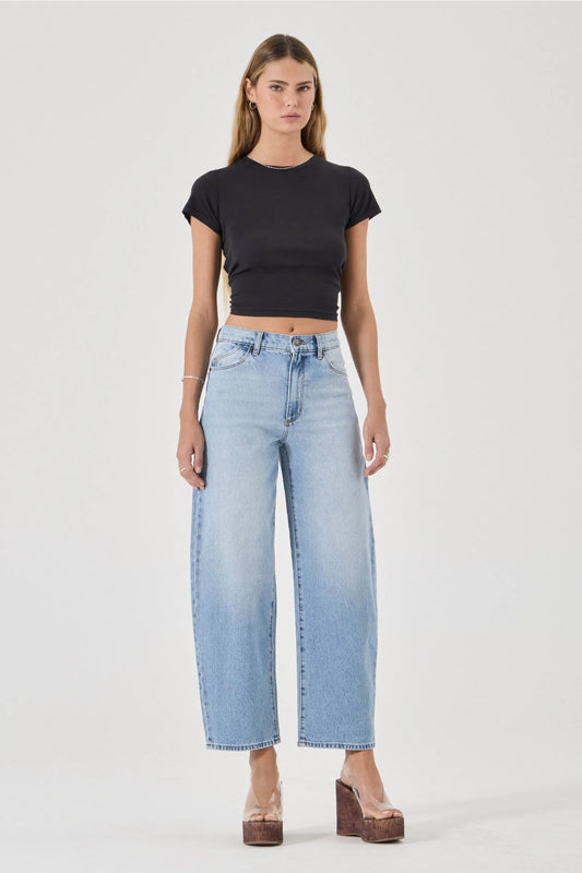 Rollas Gigi Barrel Jeans Brad in Blue — the Gigi Barrel Jean in Brad Blue by Rolla's is a super high-rise style designed to hold through the seat, creating a flattering, structured fit.