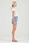 A side profile of mid-blue denim shorts showing the high-rise waist and relaxed leg opening.
