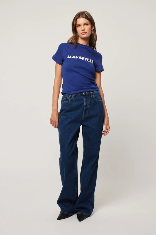 Rollas Stevie Relaxed Jean in Deep Blue — this is a high rise, relaxed straight leg jean, made with a rigid non stretch denim.
