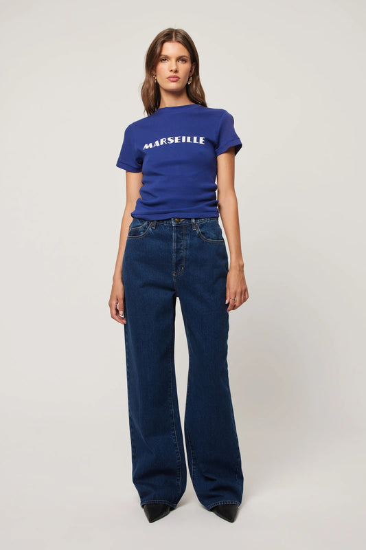 Rollas Stevie Relaxed Jean in Deep Blue — this is a high rise, relaxed straight leg jean, made with a rigid non stretch denim.