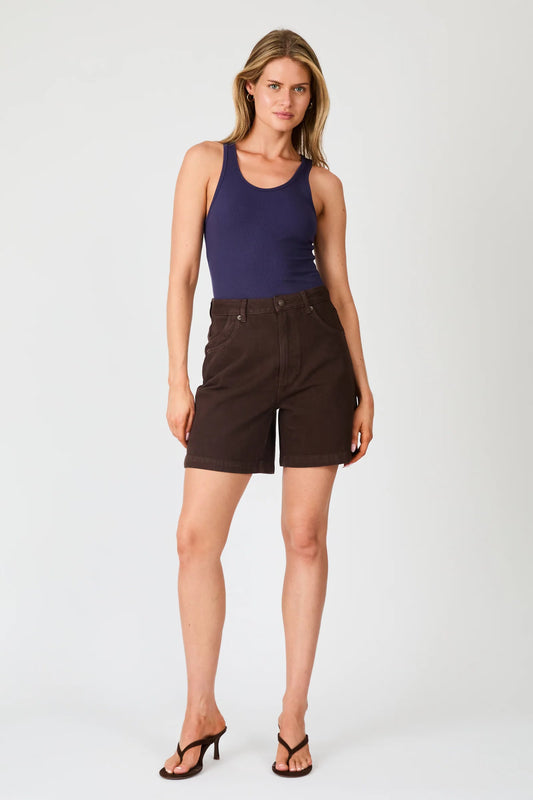 A front view of chocolate brown denim shorts showing the high-rise waist, button fastening, front scoop pockets and mid-thigh length.
