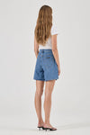 Blue denim shorts shown from the back with two shaped back pockets and contrasting stitching.