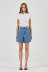 Blue denim shorts shown in a full front view with a loose fit and mid-thigh length.