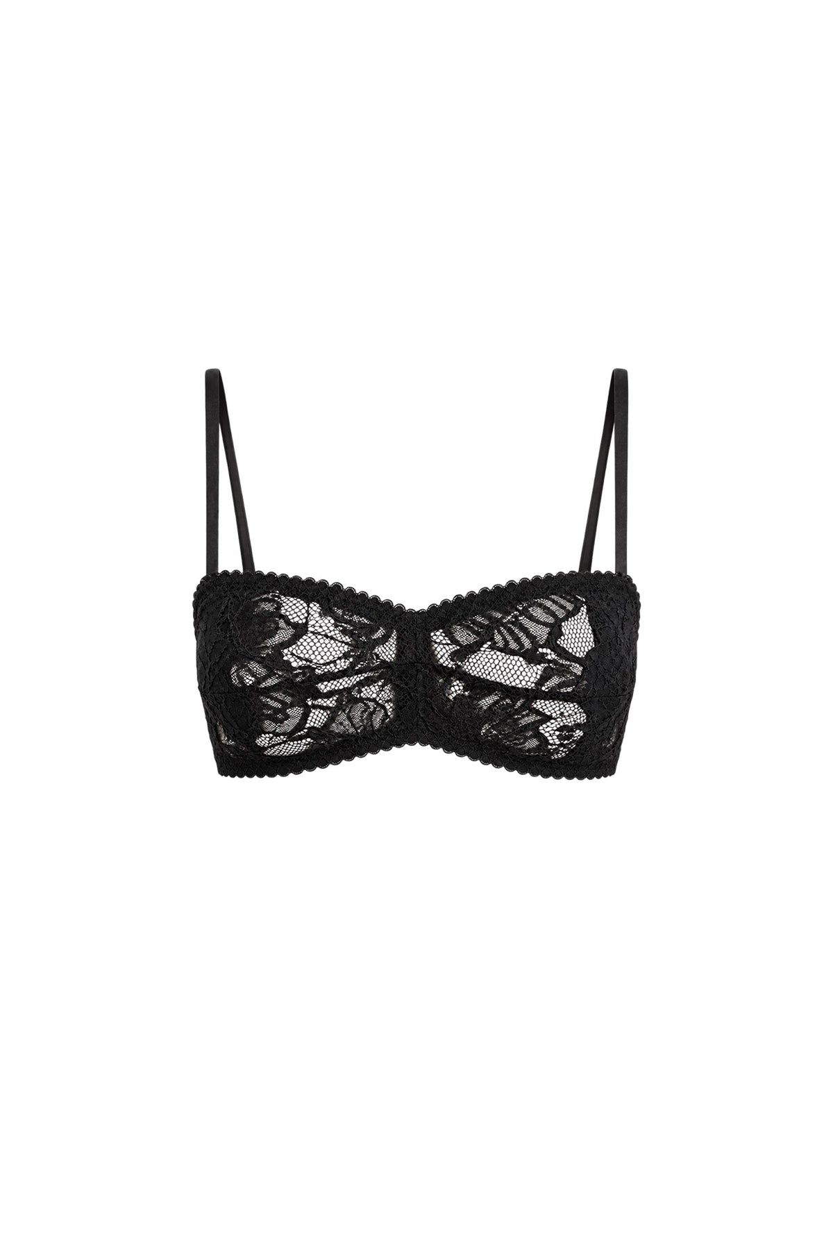 A black botanical lace bralette displayed against a plain white background, featuring thin adjustable shoulder straps, intricate floral lace panels, a softly shaped front, a fitted under-bust band and delicate scalloped edging.