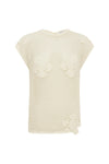 A bone open-weave crochet top is shown alone from the front with floral detailing.
