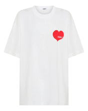 White t-shirt with a red heart logo on a white background