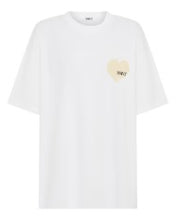 White t-shirt with a small graphic on a white background