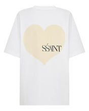White t-shirt with a yellow heart and text design on a white background