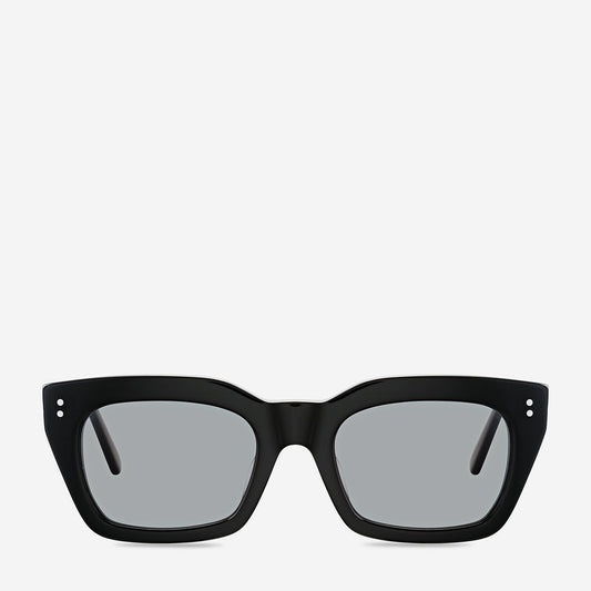 Black rectangular sunglasses shown from a straight-on front view with grey lenses, on a white background.