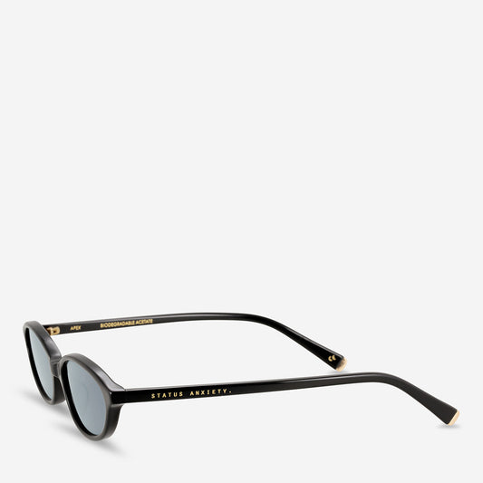 Black sunglasses shown from a three-quarter front angle, highlighting the slim acetate frame, curved dark lenses, narrow bridge, straight temple arms and small gold-toned hinge detail.
