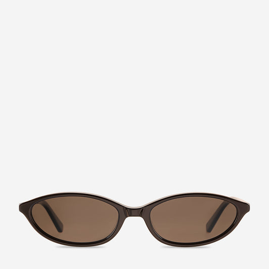 Espresso brown sunglasses shown from the front, featuring a slim curved frame, softly rounded dark brown lenses, a narrow central bridge and subtle gold-toned details at the outer edges.