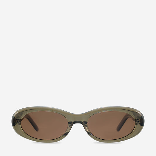 Status Anxiety Dopamine Sunglasses in Moss, front product view showing the slim oval frame and tinted lenses.