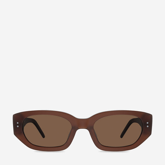 Brown rectangular sunglasses with brown lenses displayed on a white background.