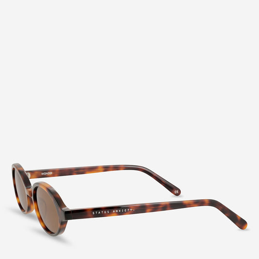 Brown tortoiseshell sunglasses displayed from a three-quarter front angle, showing the rounded lens shape, mottled acetate frame, brown-tinted lenses, visible metal hinge details and slender temples opened behind the frame.
