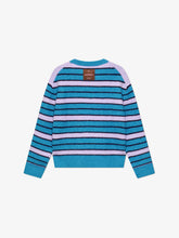 Blue and pink striped sweater on a white background