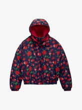 Floral-patterned jacket with red hood on a white background
