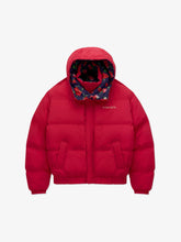Red puffer jacket with floral hood on a white background