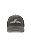 Front product view highlighting the embroidered Art Department lettering and distressed detailing across the washed black cotton cap.