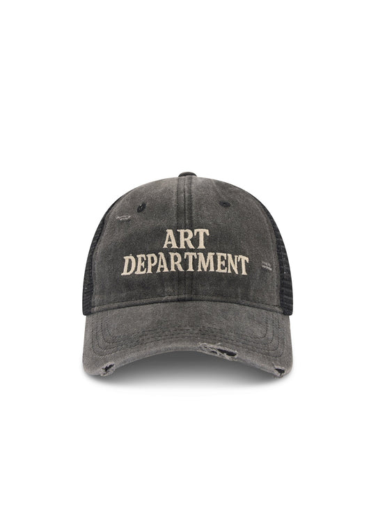 Front product view highlighting the embroidered Art Department lettering and distressed detailing across the washed black cotton cap.