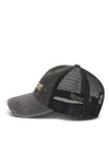 Side product view showing the distressed curved peak, washed cotton front and breathable black mesh back.