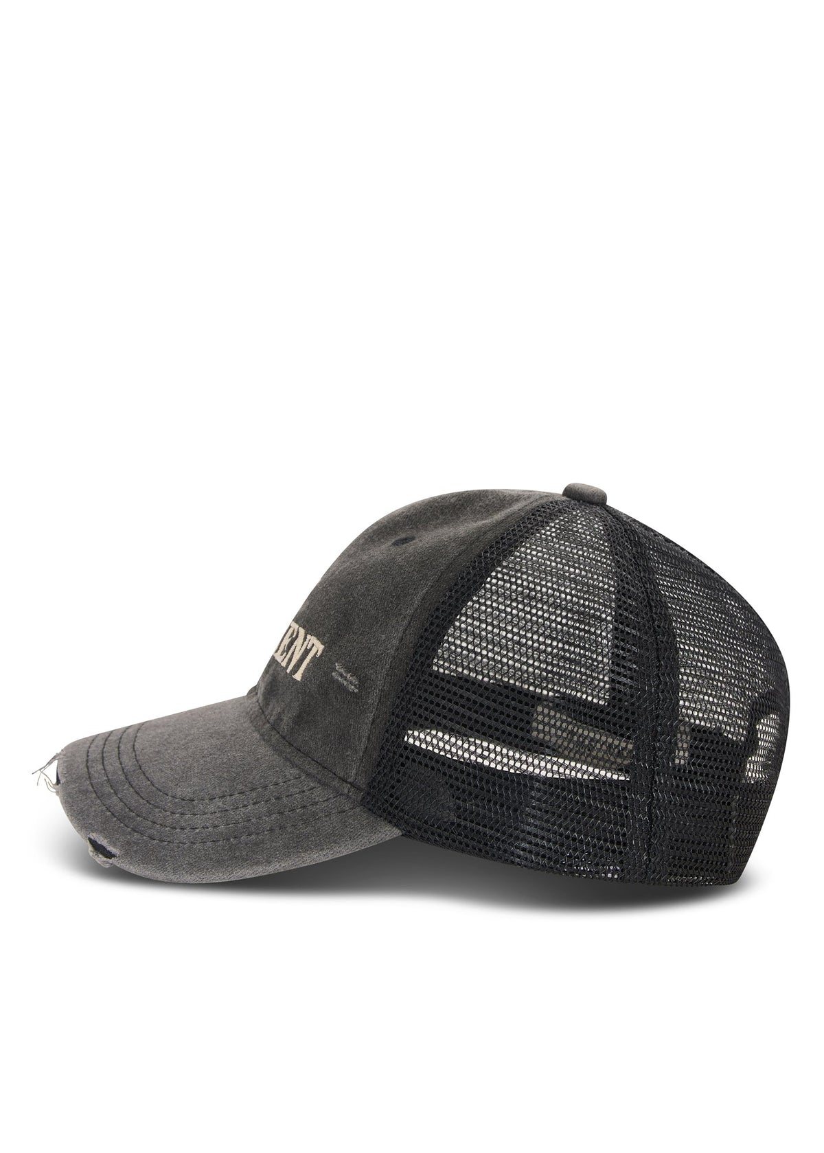 Side product view showing the distressed curved peak, washed cotton front and breathable black mesh back.