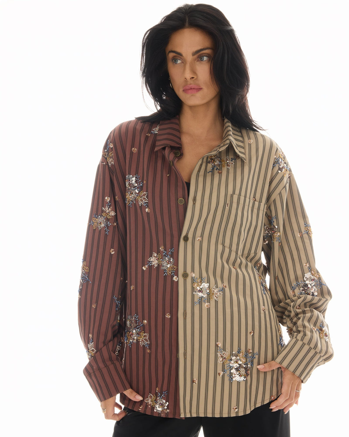 The Tales Embellished Half N Half Stripe Shirt in Brown — RESTOCK NOV The Tales Embellished Half N Half Stripe Shirt brings a playful twist to classic shirting with its contrasting stripe design and statement embellishment details.