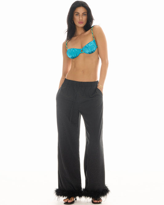 The Tales Frida Feather Trim Floral Pants in Black — the Tales Frida Feather Trim Floral Pants blend effortless tailoring with statement feather trim detailing for a fashion-forward finish.