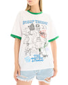 White ringer T-shirt with green ribbed neckline and sleeve cuffs, featuring a large illustrated dog graphic with blue and red lettering on the front