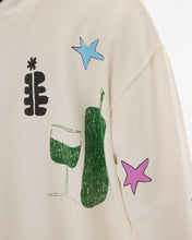 Beige sweatshirt with colorful abstract designs on a white background