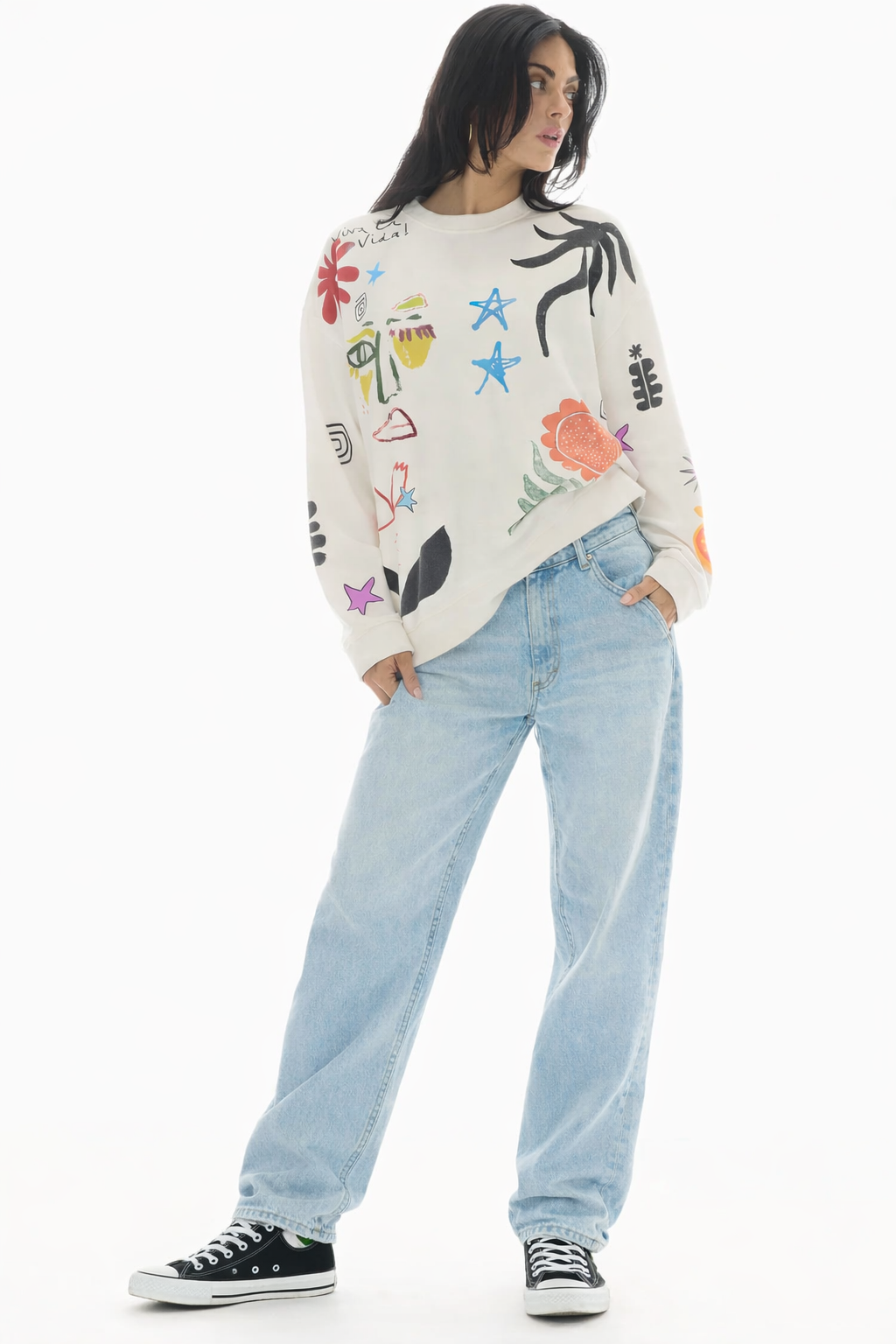 The Tales Illustrated Postcards Sweater, product photo.