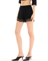 Black lace-trimmed shorts shown from the front with an elasticated waistband and relaxed boxer-style fit.