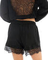 Back view of black pull-on shorts showing the elasticated waist and lace-trimmed hem.